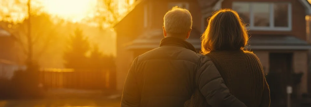 Paar vor Haus im Sonnenuntergang